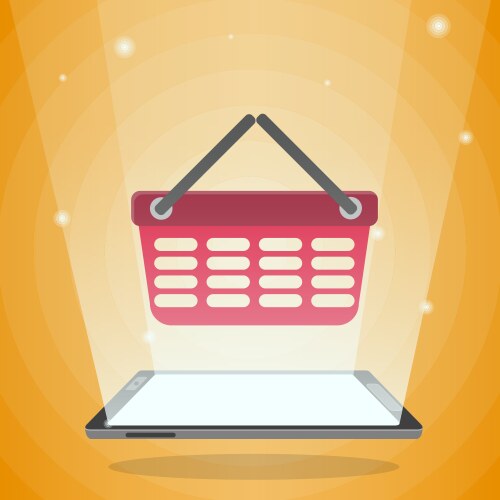 tablet computer with shopping basket in its light vector image