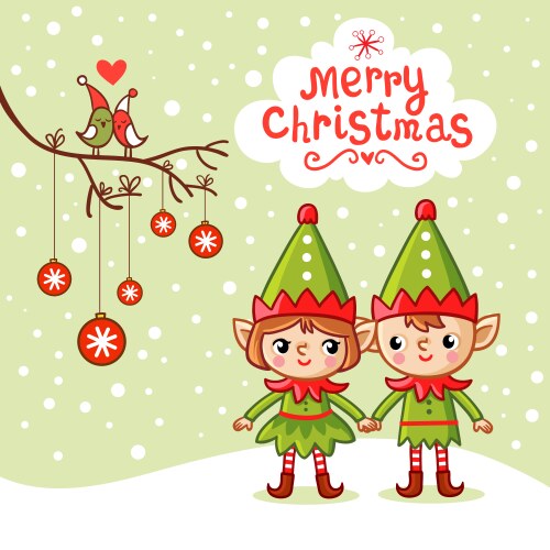 Christmas theme card with cute elves vector image