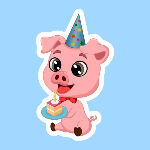 Sticker happy little pig celebrating his vector image