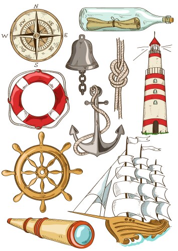 set of isolated nautical icons vector image