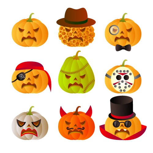 Set of 9 halloween carved pumpkins vector image