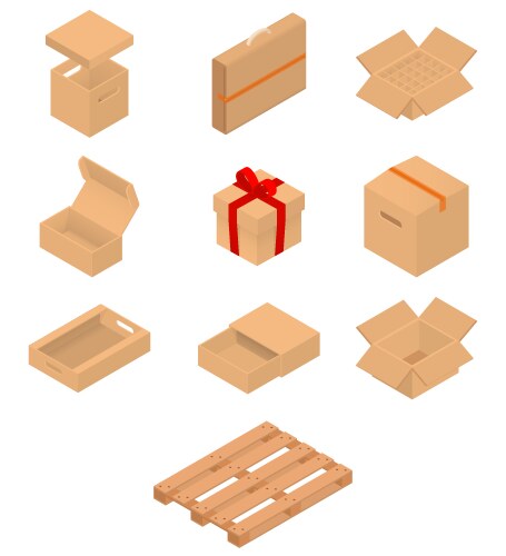 Set of isometric cardboard boxes and pallet vector image