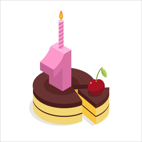 1 year birthday cake and candle isometrics number vector image