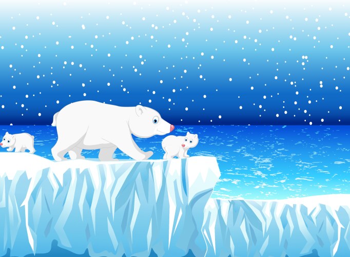 Funny polar bear family with snow mountain vector image