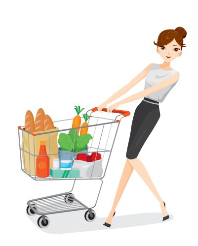 Woman pushing shopping cart vector image