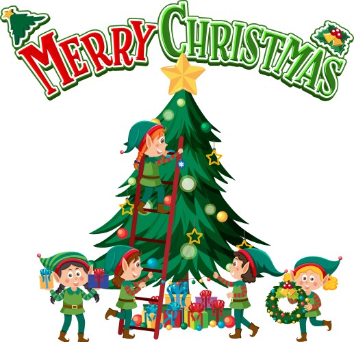 Merry christmas text with elves and tree vector image