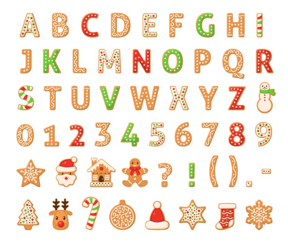 Gingerbread alphabet merry christmas and happy vector image