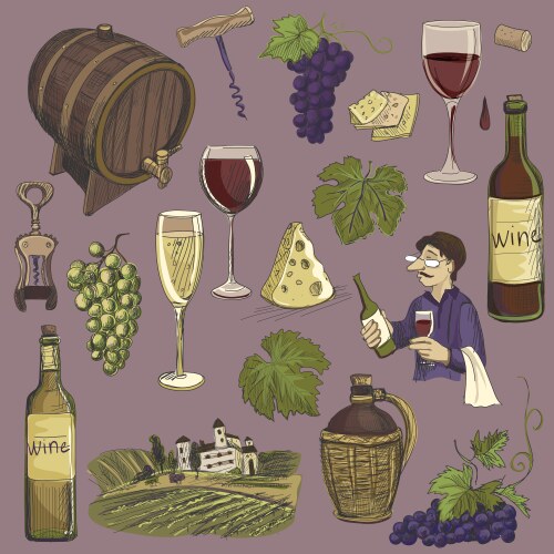 Hand drawn set - wine and winemaking vector image