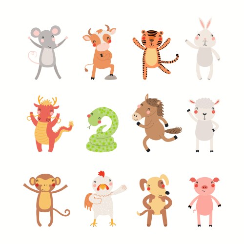 12 animals chinese zodiac cute cartoon set vector image