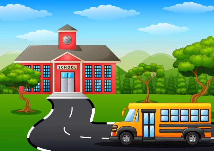 Yellow school bus in front of building vector image