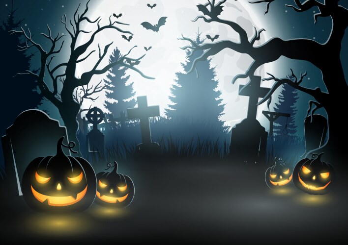 Halloween background with scary pumpkins vector image