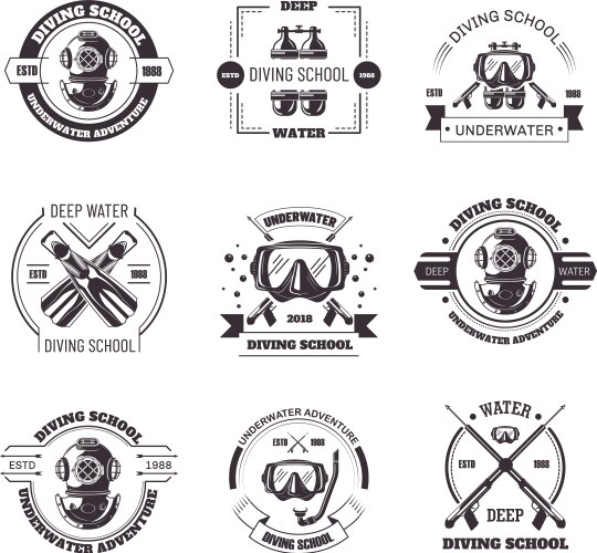 Diving school promo monochrome emblems vector image