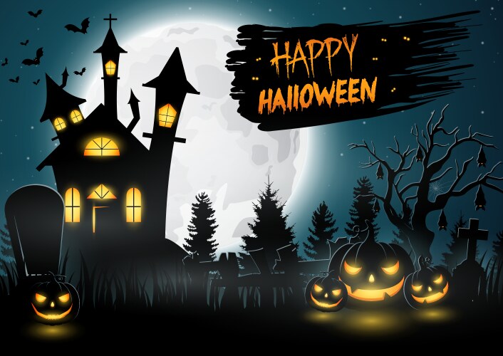 Scary church with pumpkins on the full moon vector image