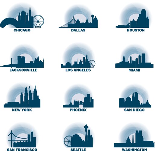 usa cities icons set skyline logo pack vector image