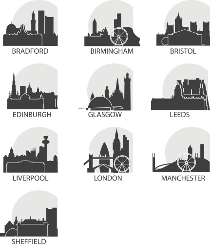 uk cities icons set skyline logo pack vector image