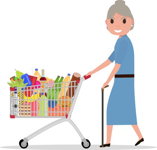 Cartoon old woman with shopping trolley vector image