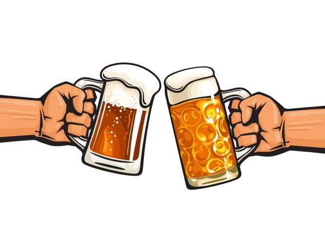 two hands holding toasting beer mugs cheers vector image