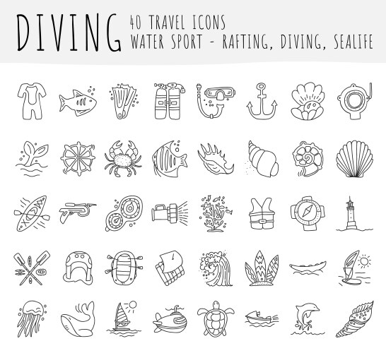 Diving hand draw icon set equipment vector image