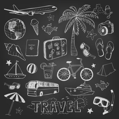 Travel doodles icons sketch on black chalkboard vector image