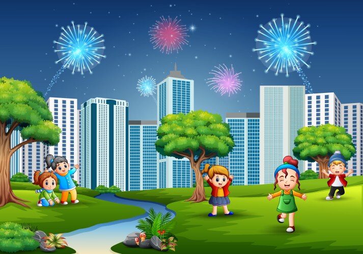 Funny cartoon boys and girls are playing in the pa vector image