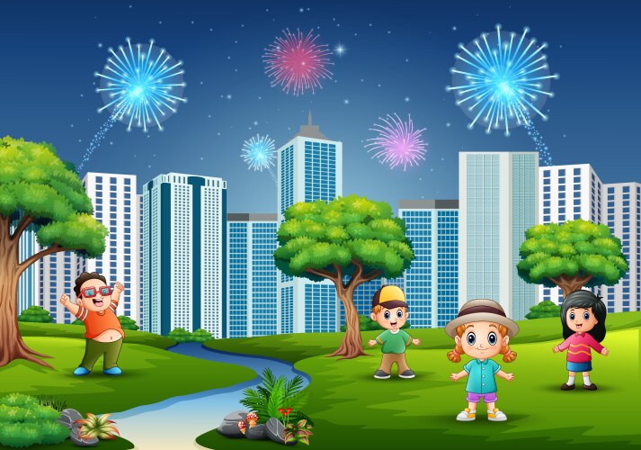 Funny cartoon boys and girls are playing in the pa vector image