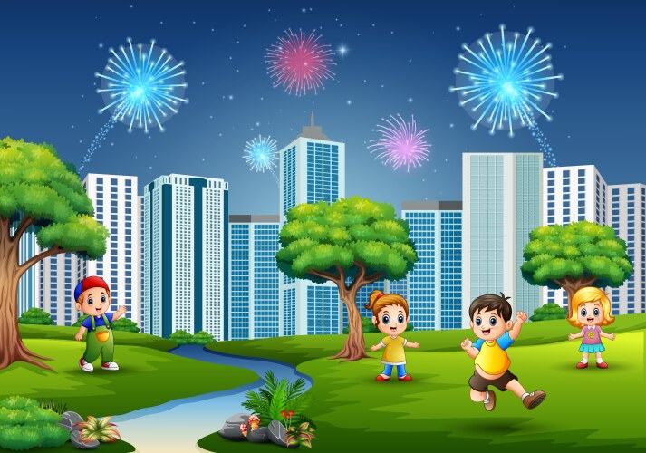 Children playing outdoors with cityscape and firew vector image