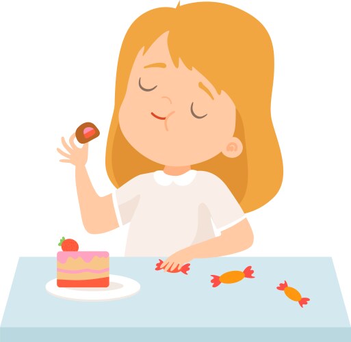 Cute little girl eating cake and sweets vector image