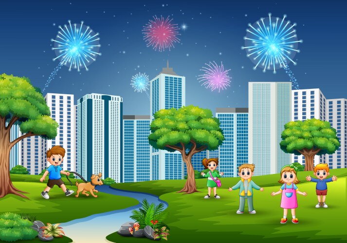 Children playing outdoors with cityscape and firew vector image