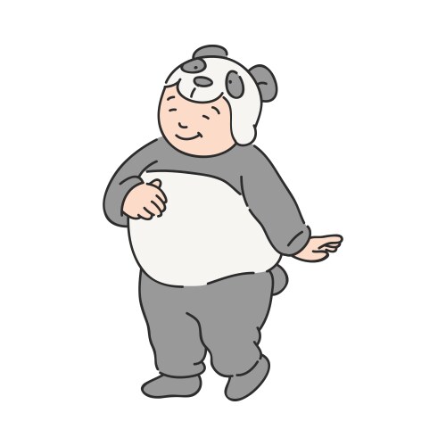 Child in party costume of panda dancing and having vector image