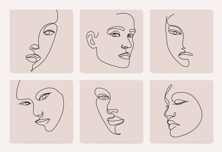 Set of one line art portraits continuous vector image