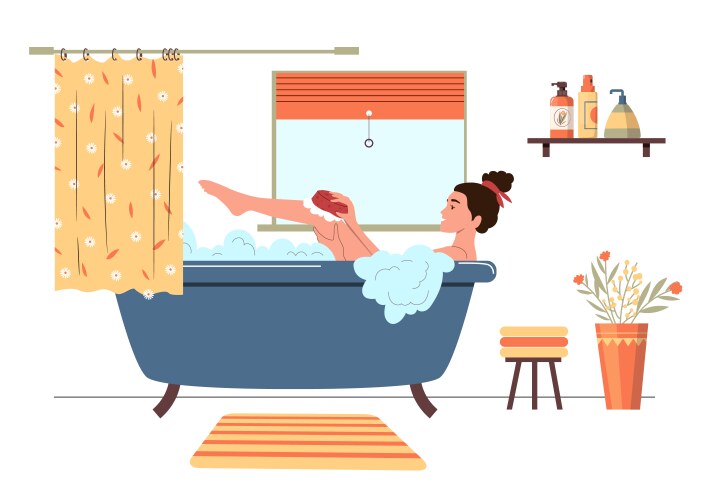 Woman in bath relaxed girl bathtub with foam vector image