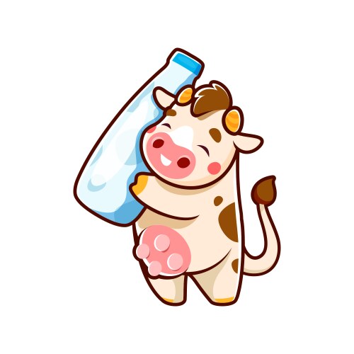 Funny cow cartoon character with bottle of milk vector image