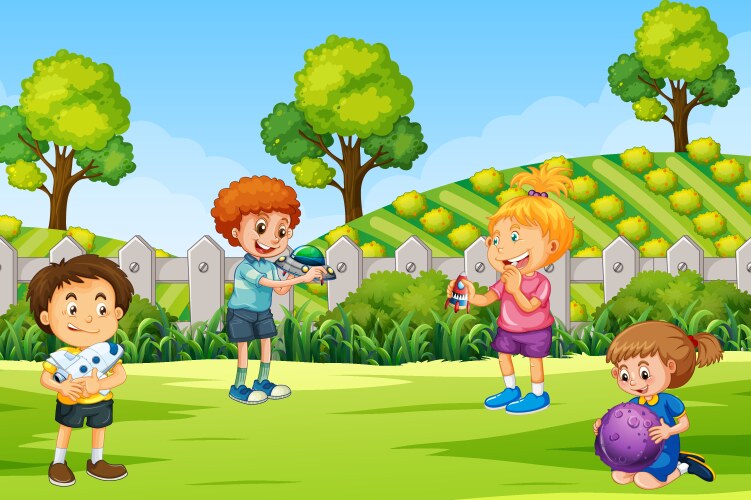 Scene with many children in park vector image