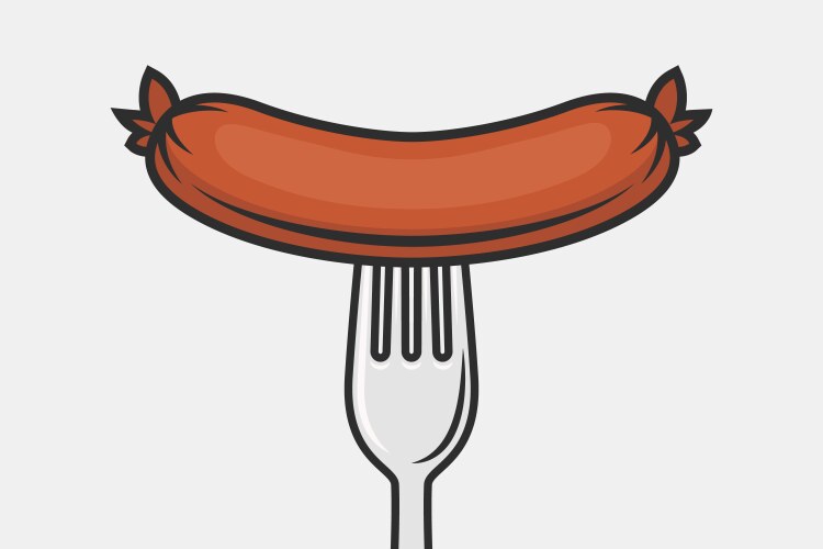 Flat sausage and fork with outline closeup vector image