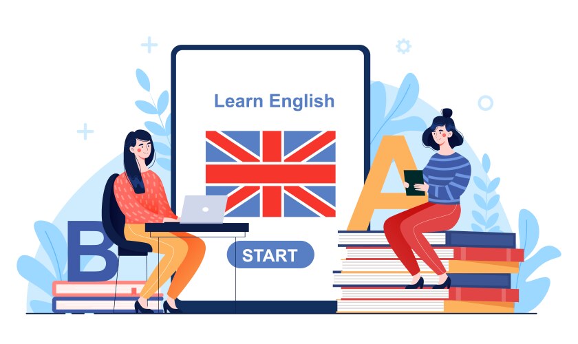 Two female characters are learning english online vector image