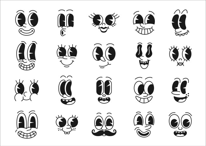 Cartoon comic groovy face funny eye emotions set vector image