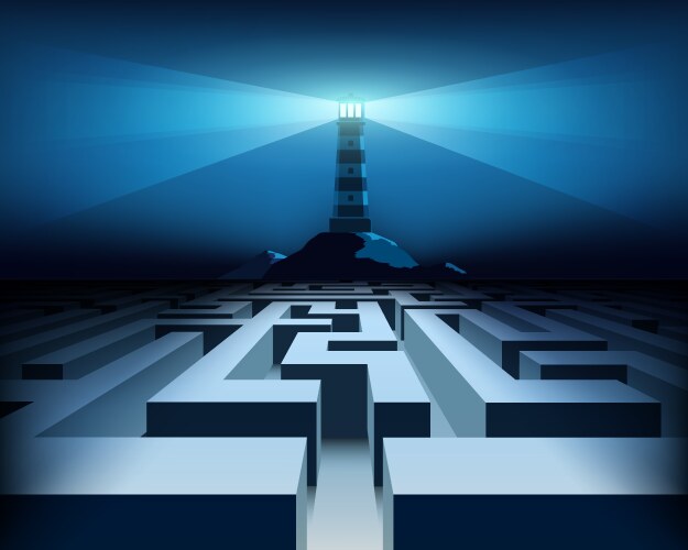 Lighthouse lights the way in a dark labyrinth vector image