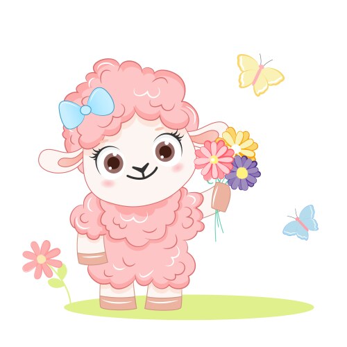 Cartoon smiling pink sheep with flowers vector image