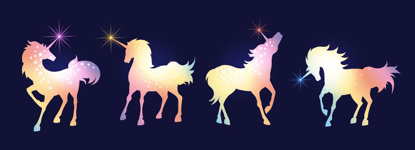 Glowing stars rainbow unicorn silhouettes vector image