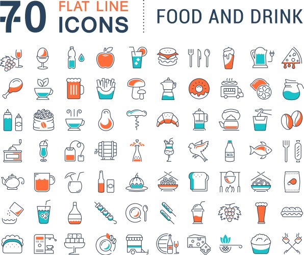 Set flat line icons drinks and food vector image