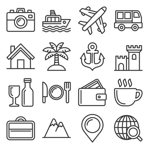 travel and transport icons set line style vector image