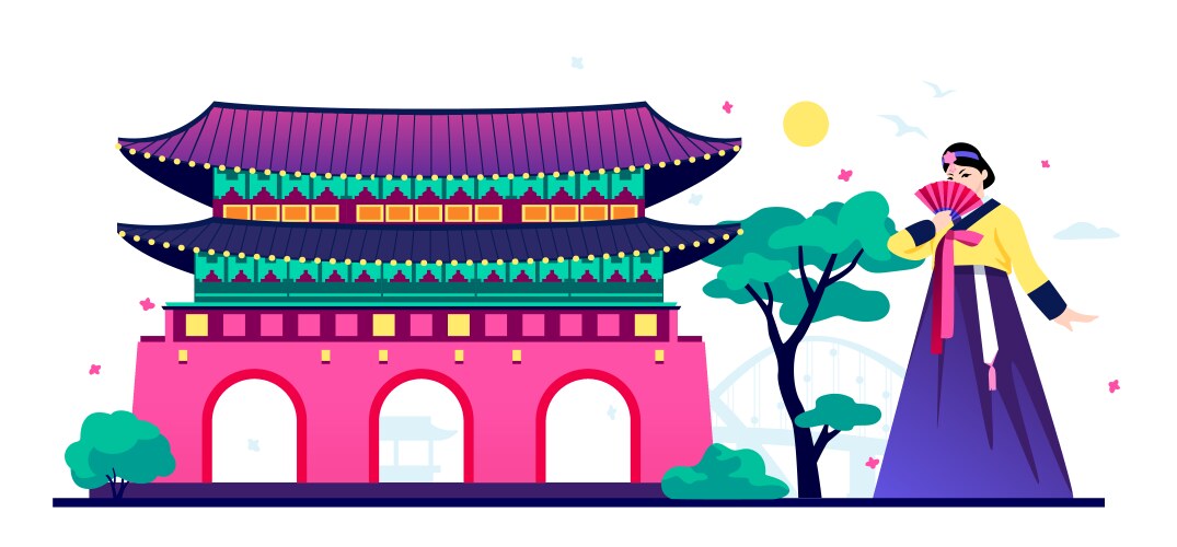 Architecture and national clothes of korea vector image