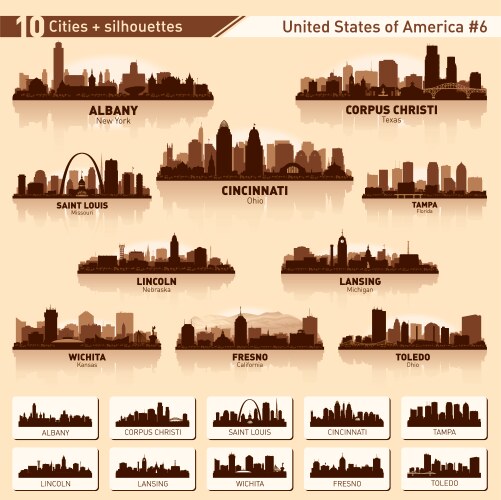 City skyline set 10 silhouettes of usa 6 vector image