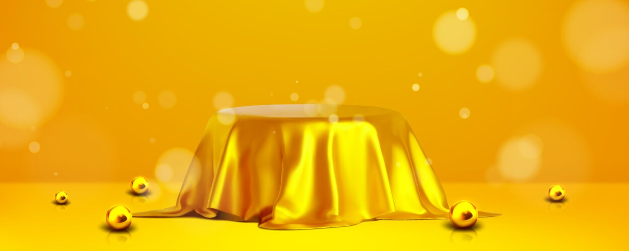 Round podium covered with golden fabric drapery vector image