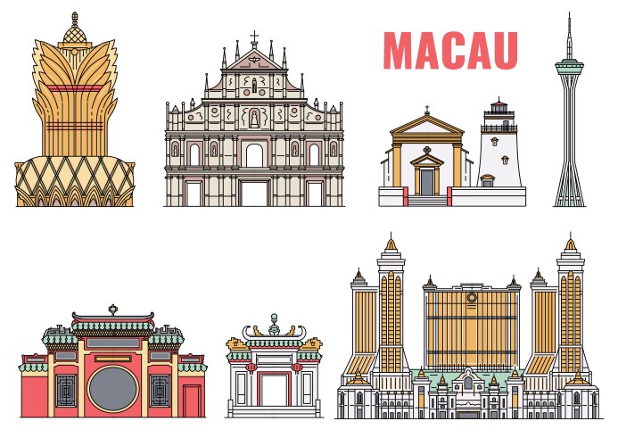 landmark macau building icon set isolated on white vector image