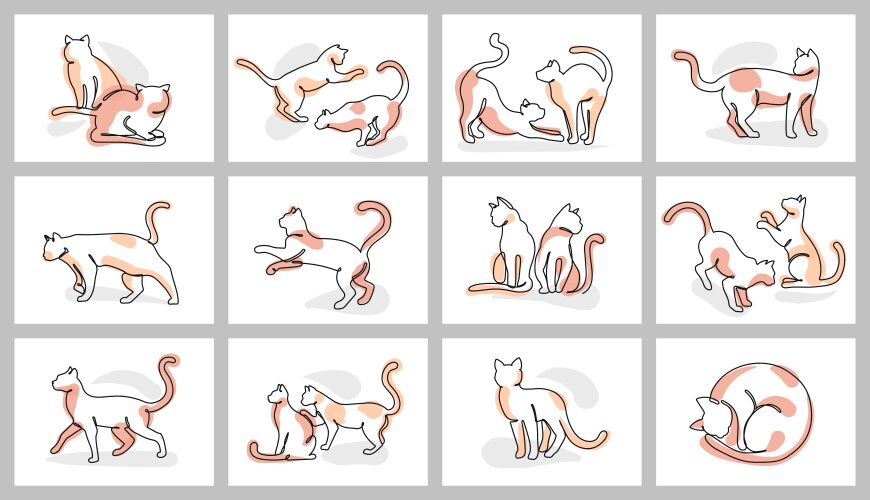 Continuous one line cat posters cute cats playing vector image