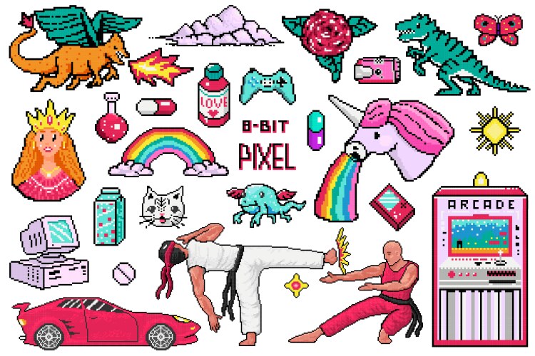 Pixel art 8 bit objects retro digital game assets vector image