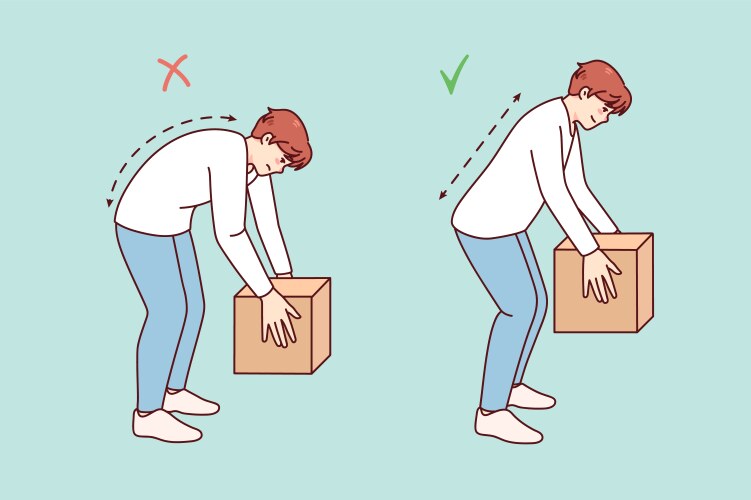 Correct technique of lifting heavy box vector image