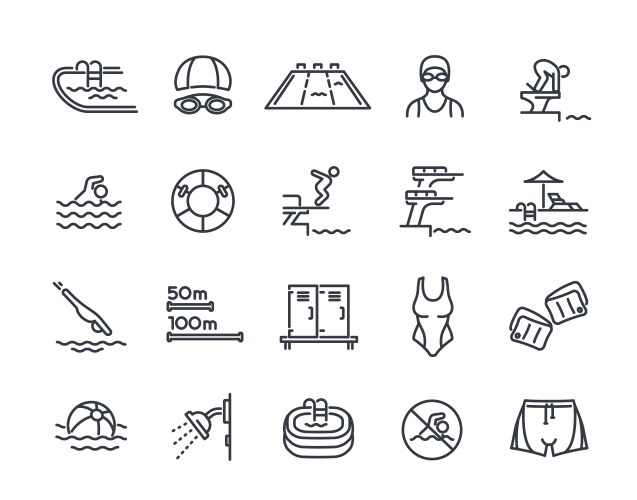 Set of line icons related to swimming pool simple vector image