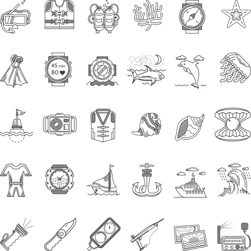 Sea leisure black line icons collection vector image